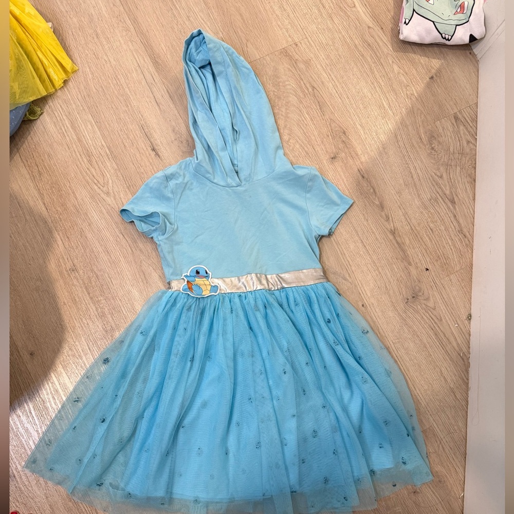 Blue Hooded Dress with Tulle Skirt